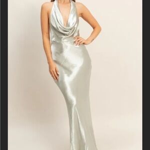 Cowl Neck Evening Gown - Silver green